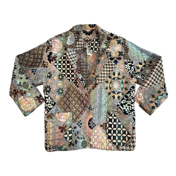Vintage Patchwork Tapestry Jacket Women's Sz L Woven Pattern Folk Boho Earthy - Picture 1 of 4